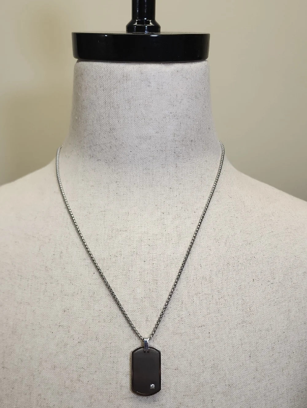 Geoffrey Beene Stainless Steel Dog Tag Pendant Necklace Faux Diamond